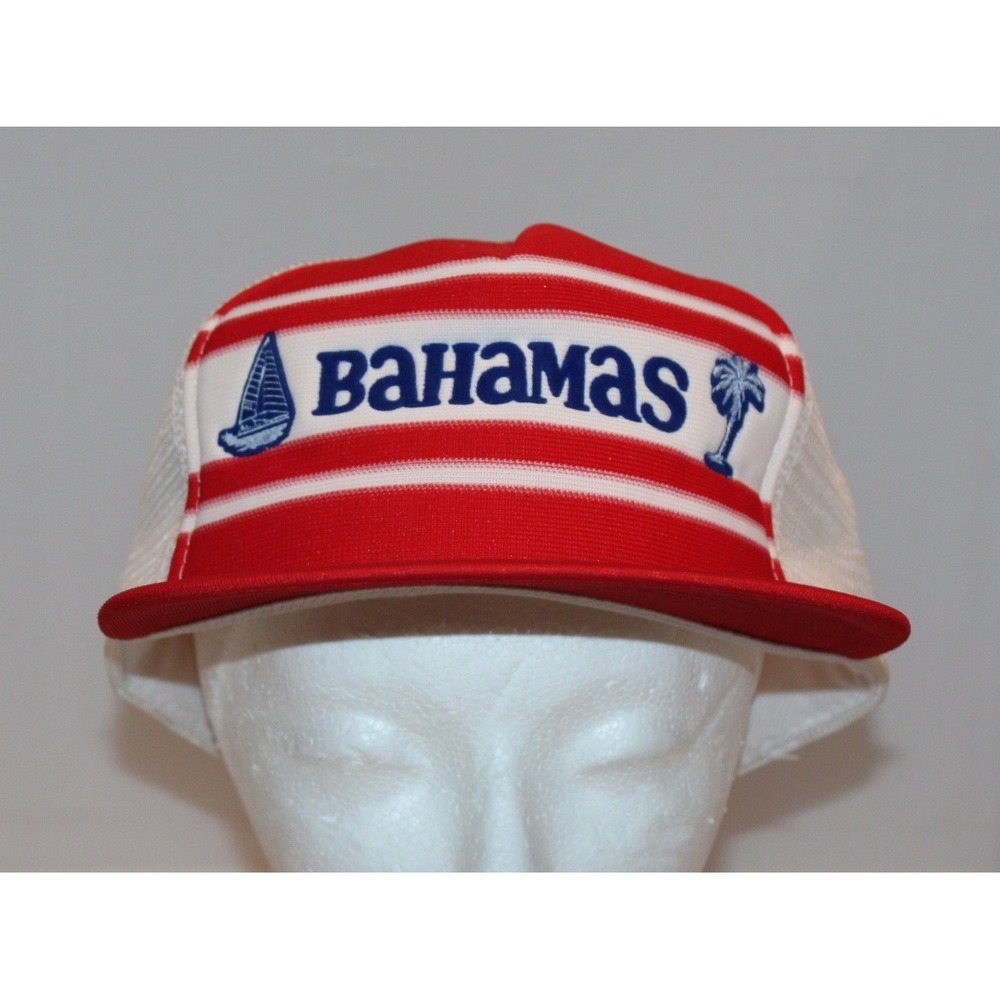 vintage Bahamas trucker hat red white striped mesh adjustable sailboat palm tree